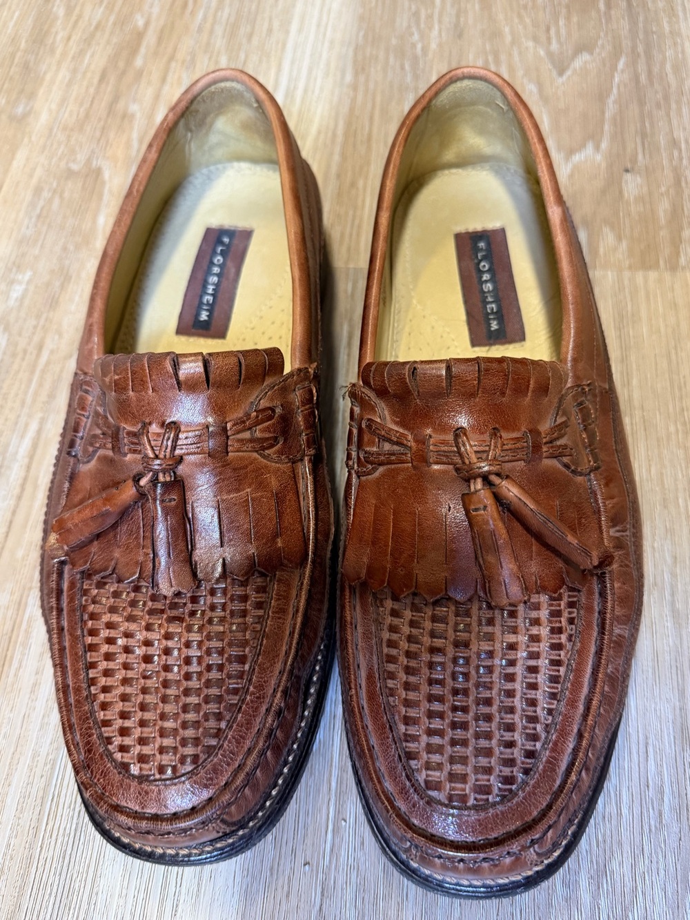 Florsheim Men’s 9.5 Brown Leather Woven Kiltie Tassel Moccasin Loafers NEW